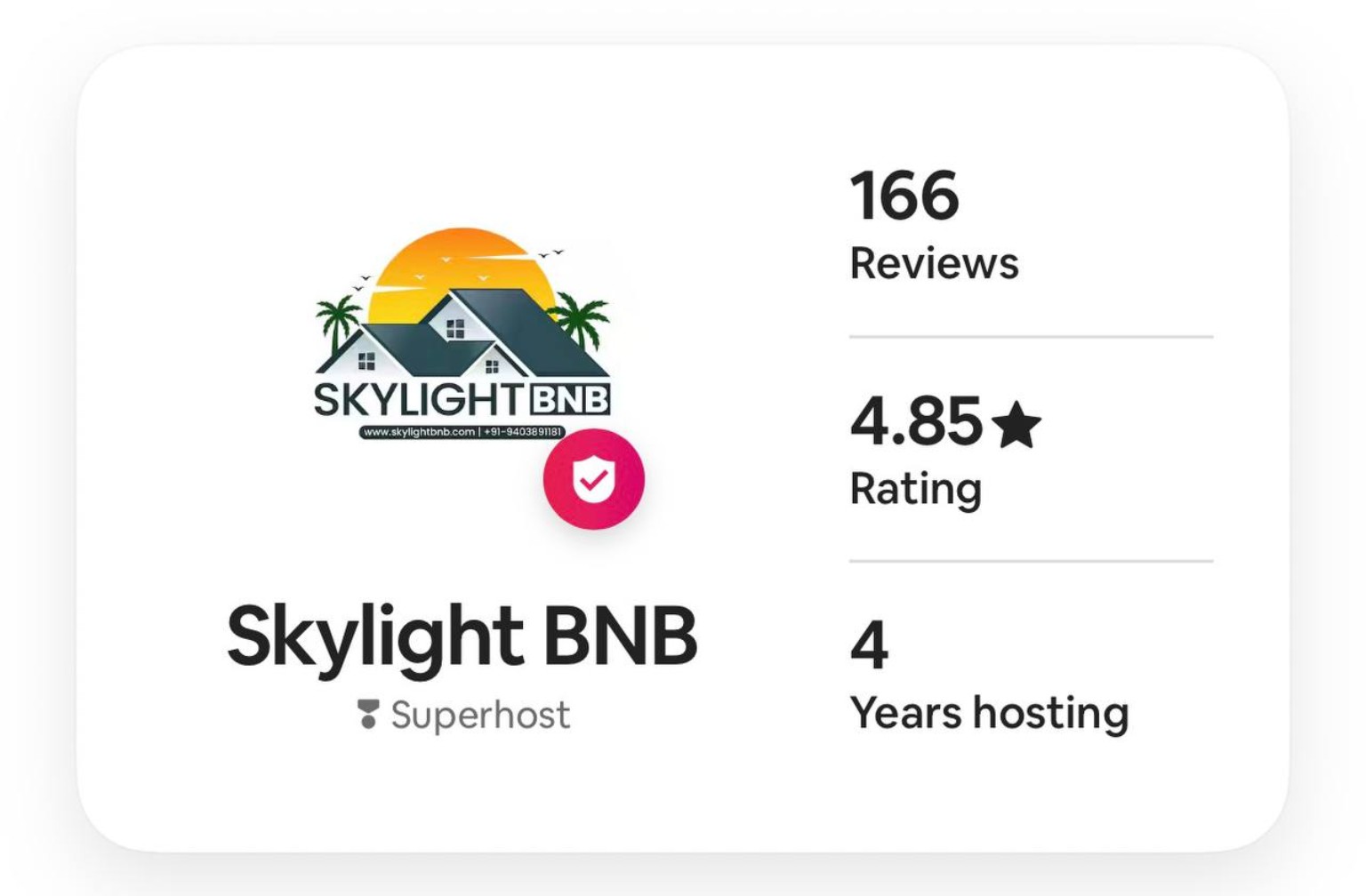 Skylight BNB Airbnb Superhost profile card showing rating and reviews