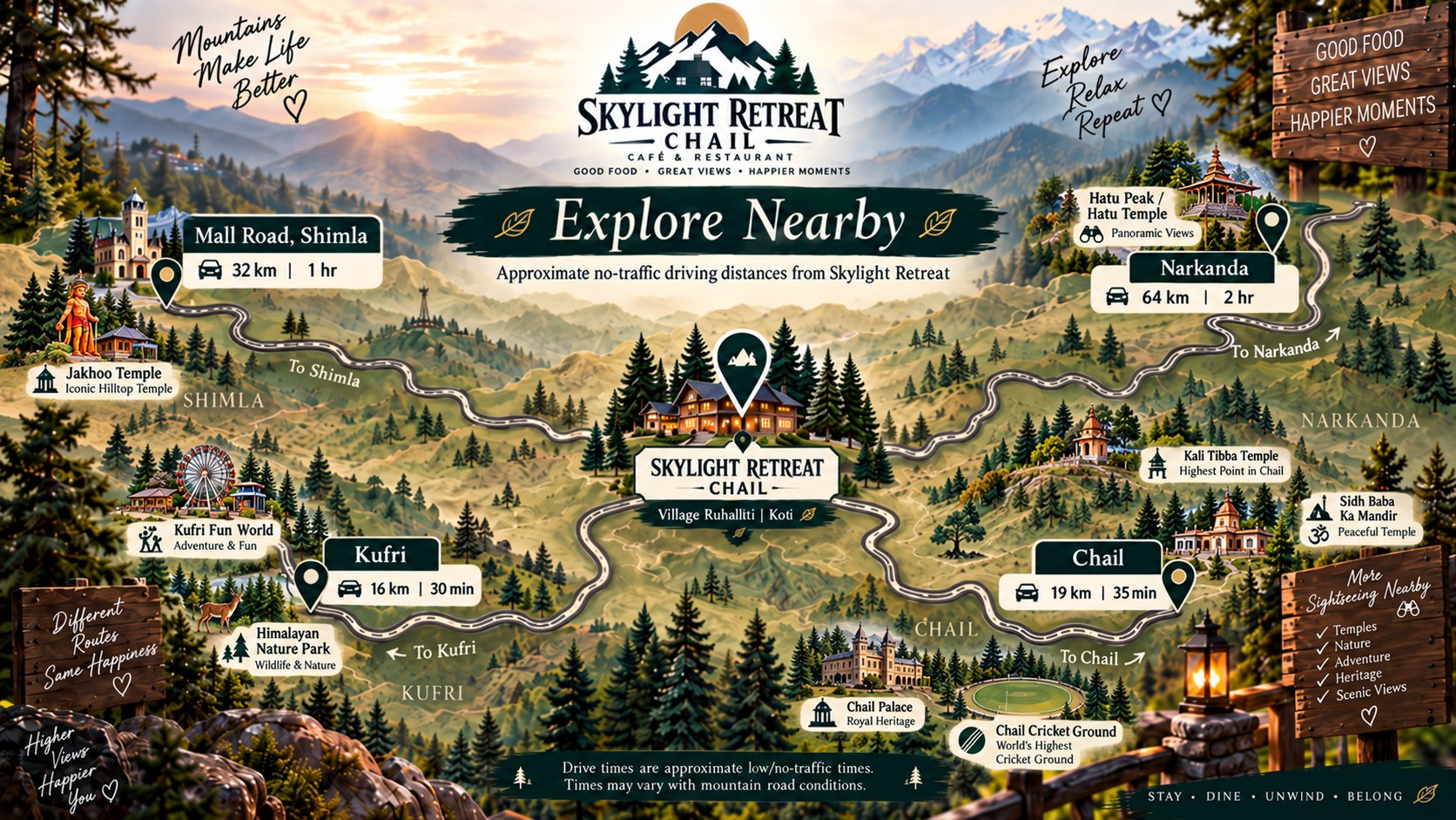 Skylight Retreat Chail illustrated sightseeing map showing routes, distances, no-traffic drive times and nearby attractions including Chail Palace, temples, Kufri attractions, Jakhoo Temple and Hatu Peak